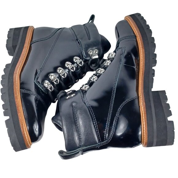 Marc Fisher Mlinka Lace Up Lug Sole Shiny Patent Leather Black Combat Boot Sz 6 - Picture 9 of 11